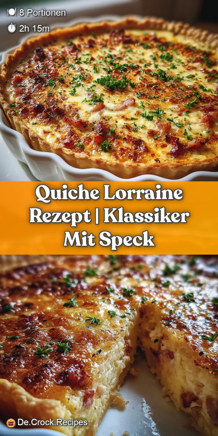 Close-up of a rich, creamy quiche with savory bacon bits, highlighting the browned crust and delicate nutmeg specks. An ir...