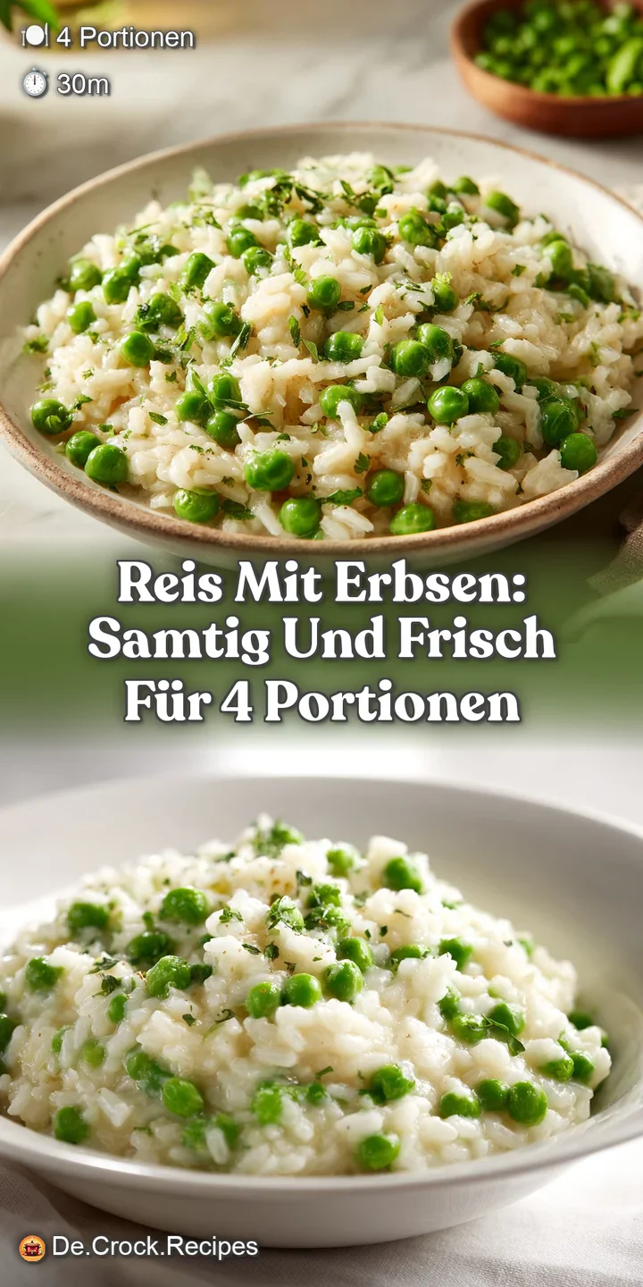 Close-up reveals the soft, steamy texture of rice mingling with plump green peas; light reflects on the dish, emphasizing ...