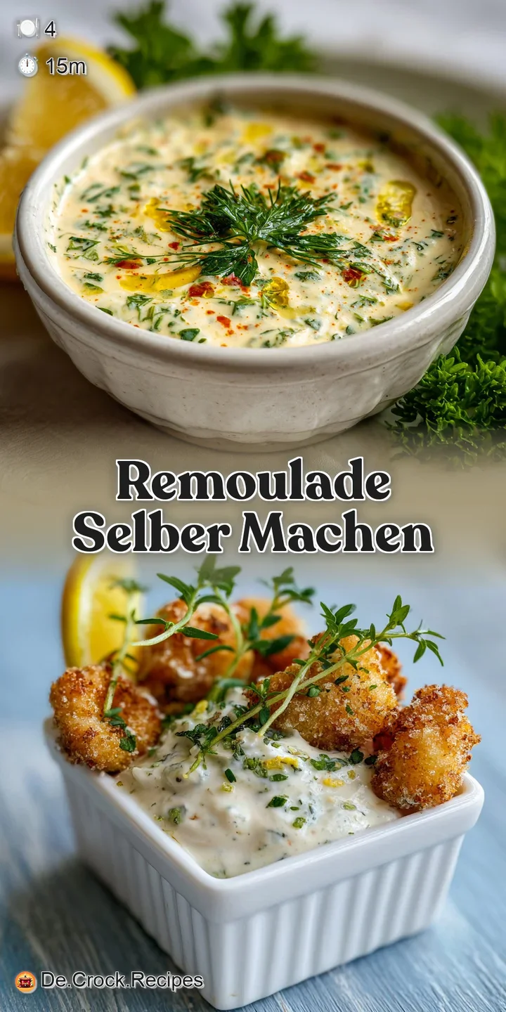 Close-up of remoulade: creamy, pale yellow texture speckled with fresh green herbs. Hints of tanginess and a refreshing, f...