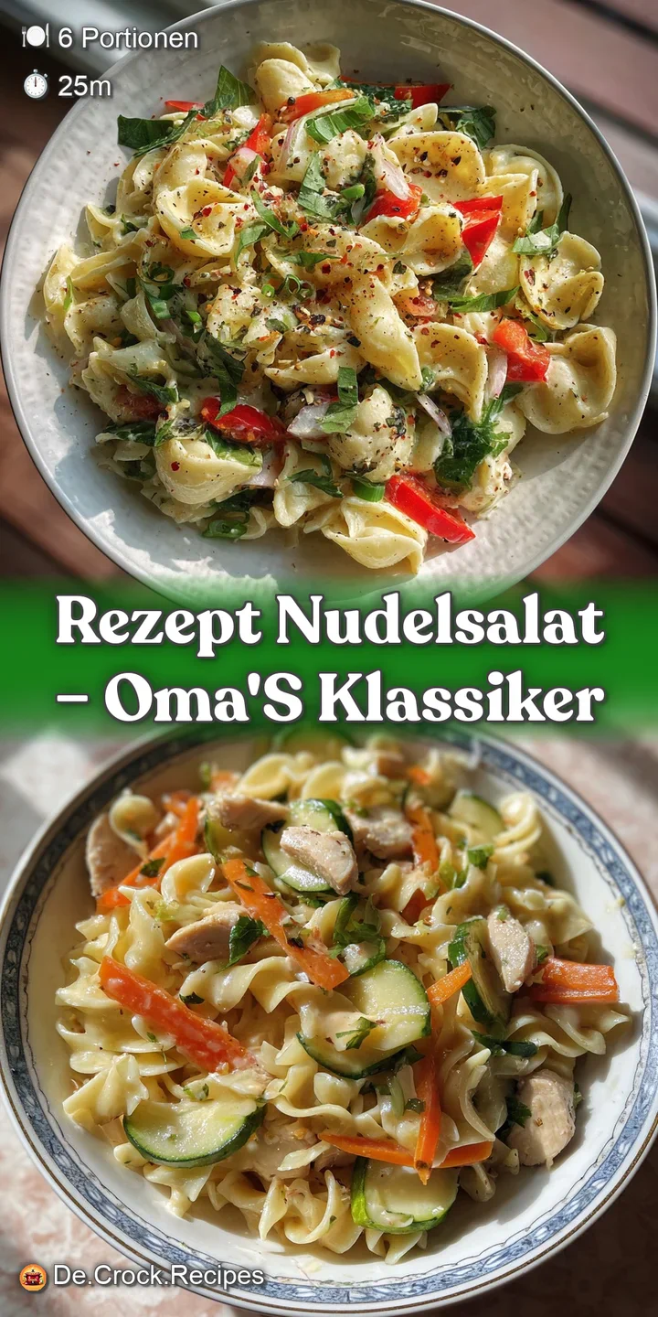 Close-up of a delicious German noodle salad, glistening with a light dressing and studded with crunchy vegetables and herbs.