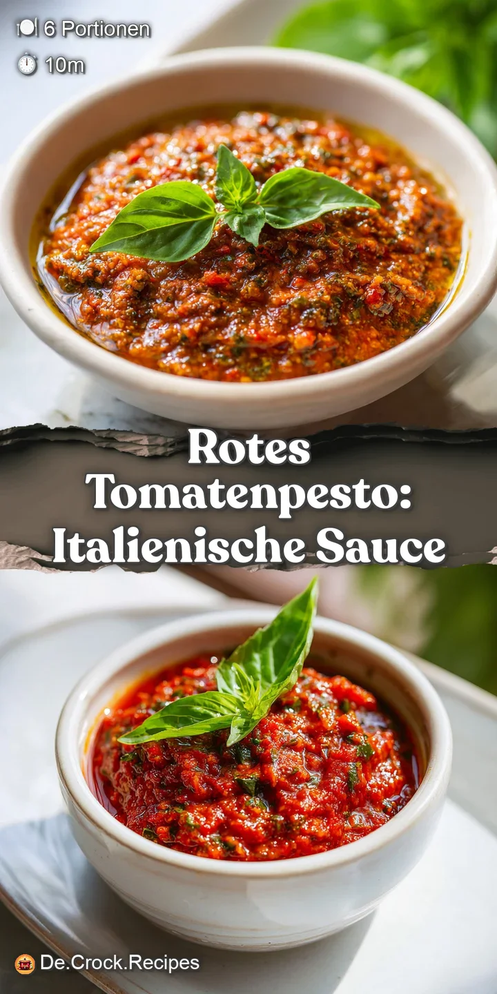 Close-up on rich red tomato pesto: chunky texture, bits of parmesan, fragrant herbs. A truly appetizing and vibrant image.