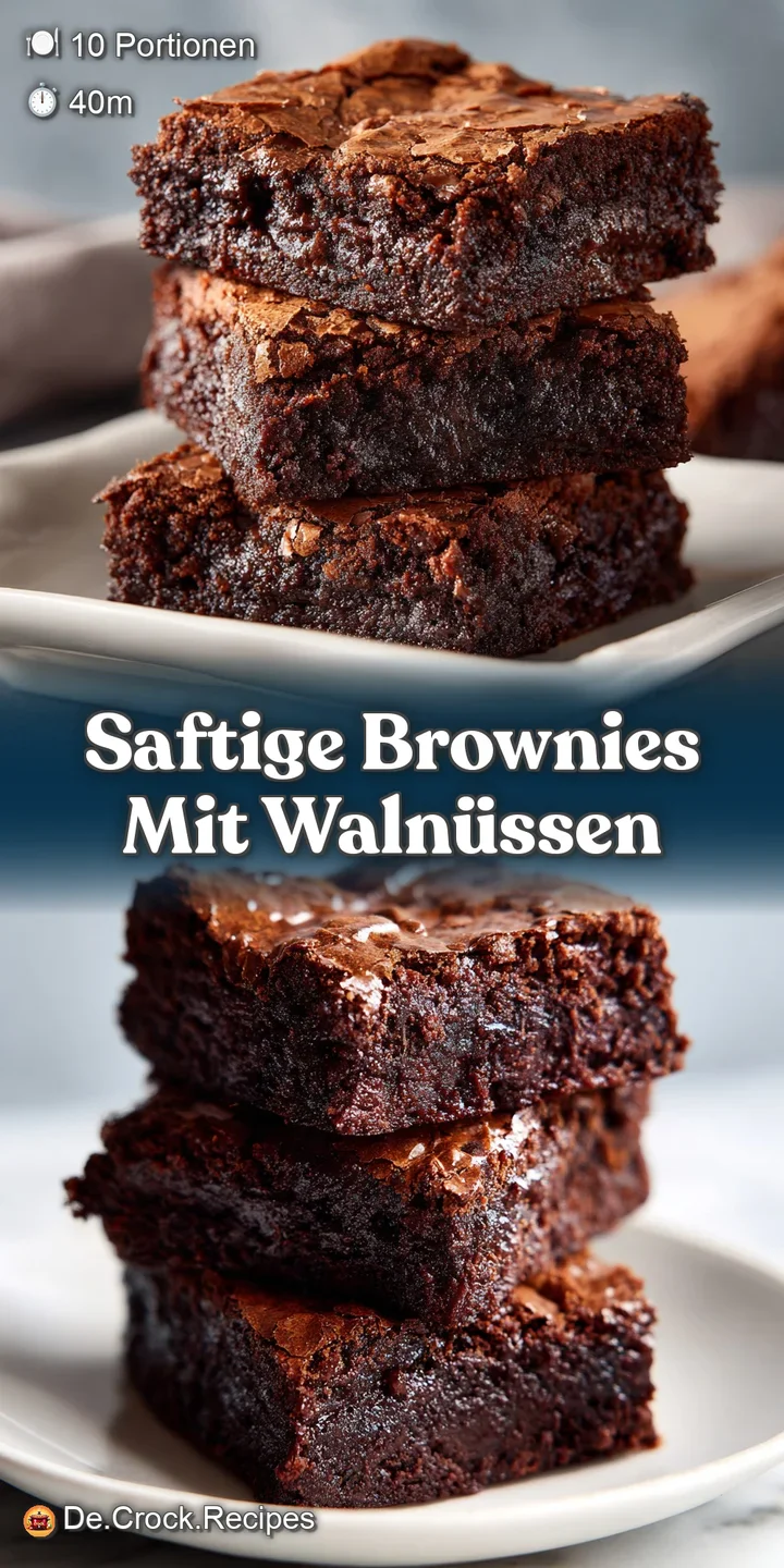 Close-up of a moist, dark chocolate brownie with visible walnut pieces and a slightly cracked, shiny surface.