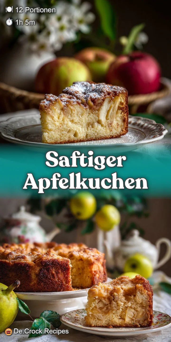 Close-up of moist apple cake, showing tender apple slices peeking through a golden-brown surface. Hints of cinnamon and wa...