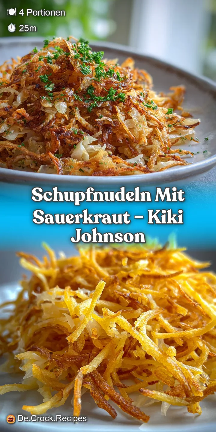 Close-up captures the blistered, crispy texture of Schupfnudeln, nestled in a bed of finely shredded, colorful sauerkraut.