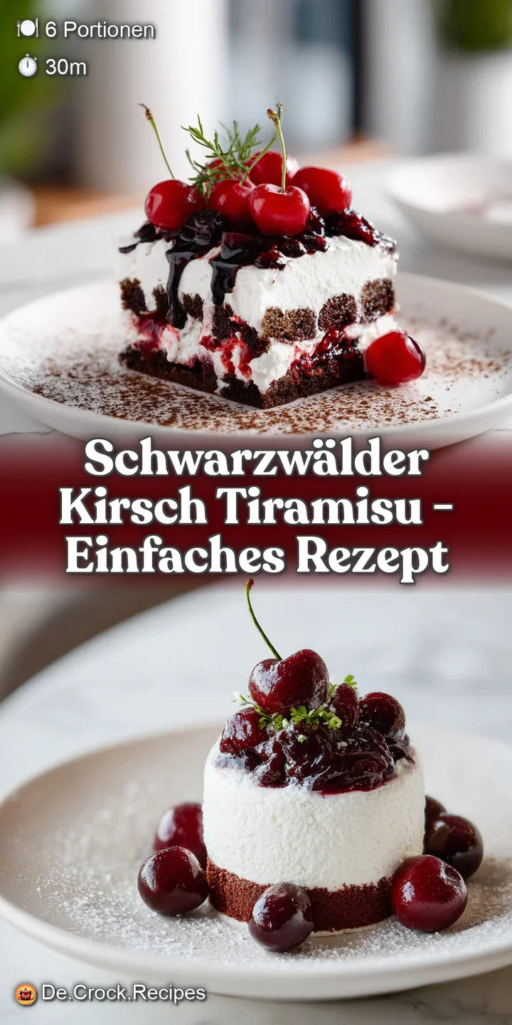 Close-up of Black Forest tiramisu layers: espresso-soaked ladyfingers, whipped cream, dark chocolate, juicy cherries. Irre...