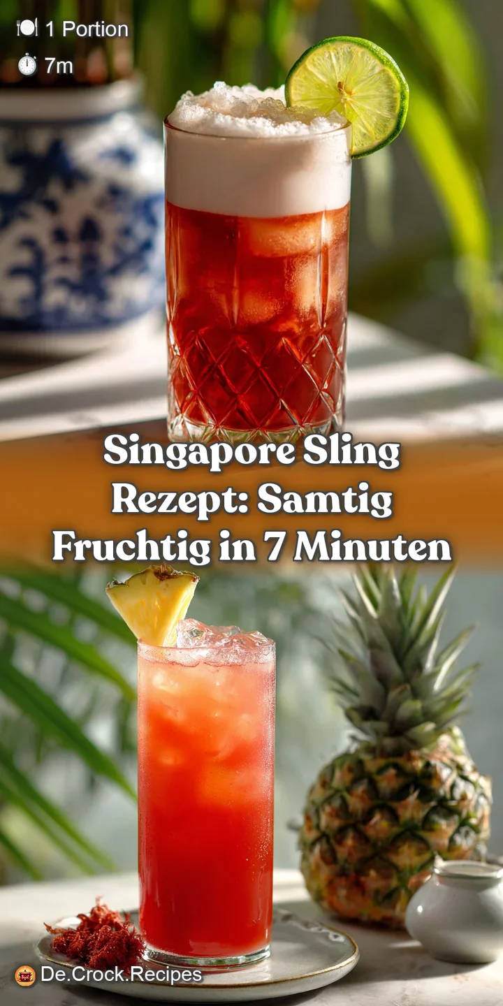 Close-up of a frothy pink Singapore Sling, ice visible, with cherry garnish and condensation. Refreshing and inviting drink.