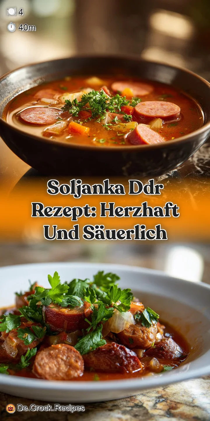 Close-up of Soljanka with visible chunks of sausage and pickles in a flavorful broth, showcasing the hearty texture.