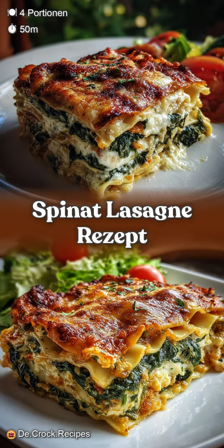 Close-up of a spinach lasagna: layers of tender noodles, soft ricotta, wilted spinach, topped with melted cheese with brow...