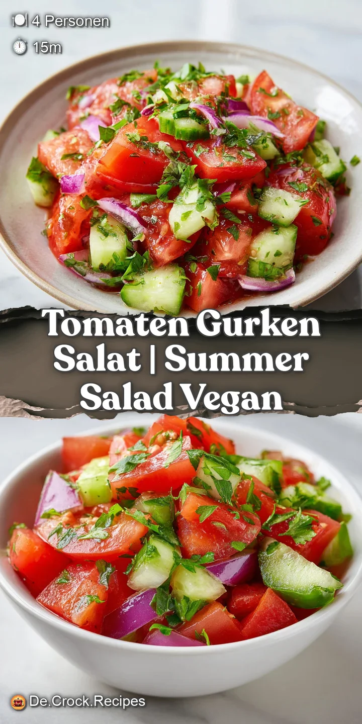 Nahaufnahme von gl&auml;nzenden Tomatenst&uuml;cken und frischen Gurken, bedeckt mit feinen Kr&auml;utern und Tropfen Dressing.