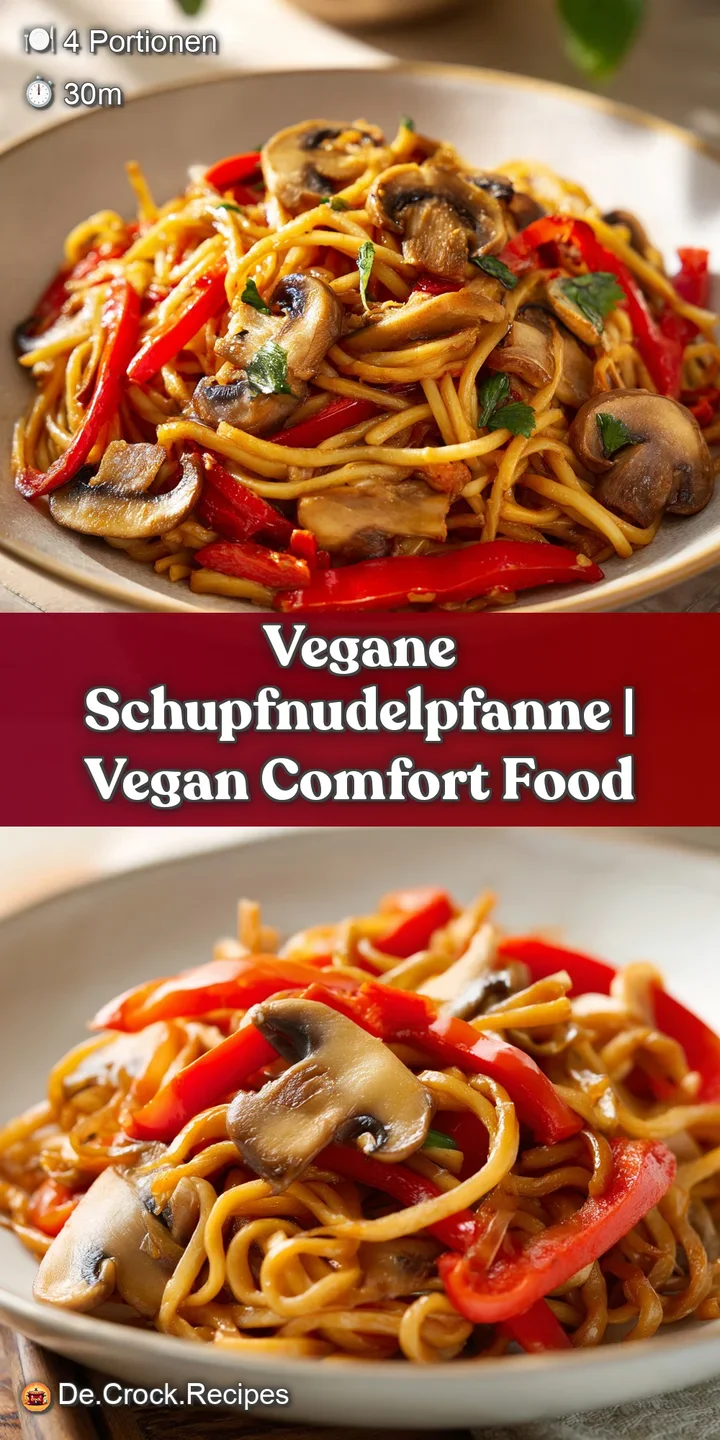 Nahaufnahme von gl&auml;nzenden, gebr&auml;unten Schupfnudeln mit saftigen Paprikast&uuml;cken und w&uuml;rzigen, dunklen Pilzen.