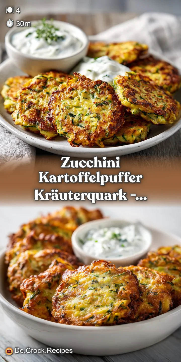 Close-up of a golden-edged zucchini fritter with visible bits of potato and zucchini, topped with a swirl of creamy, speck...