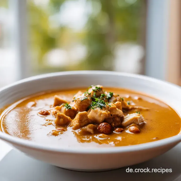 Ein tiefer Teller mit s&auml;miger, brauner Sauce, garniert mit frischem Koriander und ger&ouml;steten Erdn&uuml;ssen auf hellem Untergrund.