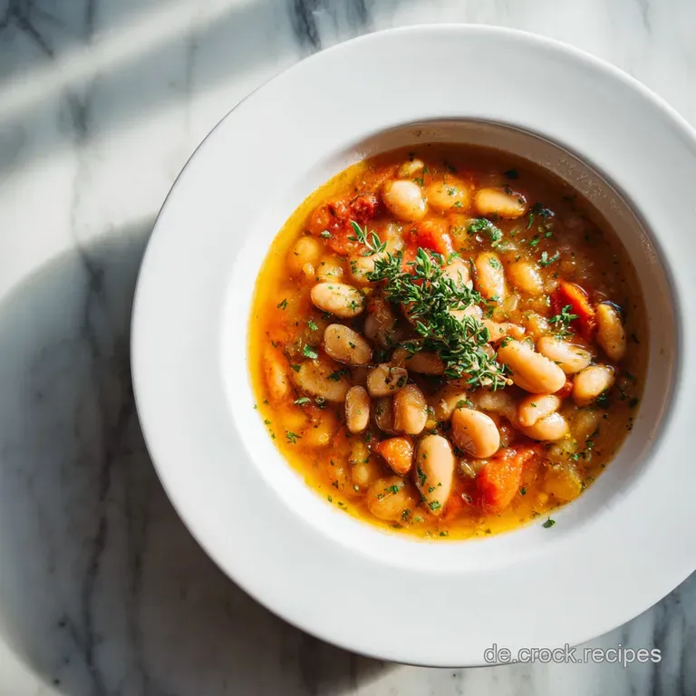 A steaming bowl of creamy white bean soup, topped with fresh parsley, served with crusty bread.