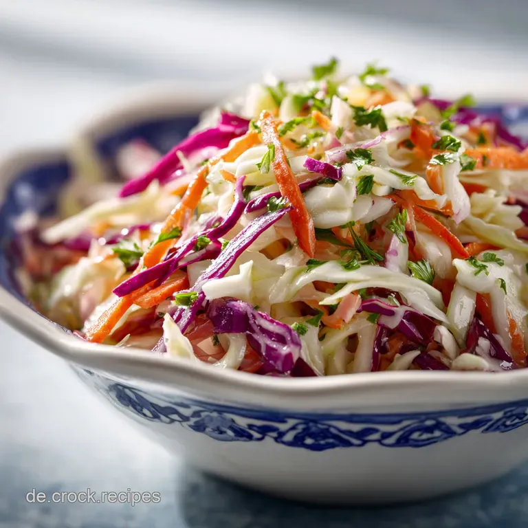 Creamy coleslaw piled high on a white plate. Fresh parsley sprig garnish adds bright green color and visual appeal.