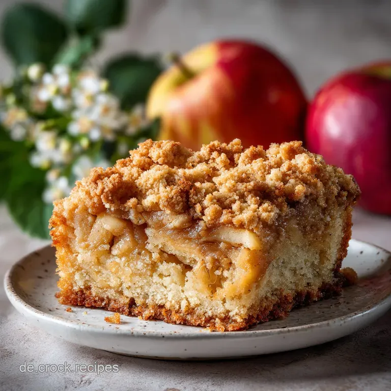 Slice of warm apple cake on a white plate, sprinkled with cinnamon and drizzled with caramel sauce. Comforting autumn dess...