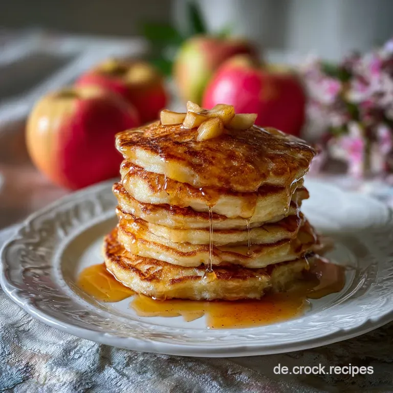 Slice of fluffy apple pancake on a white plate, drizzled with syrup and sprinkled with cinnamon; a cozy and delicious treat.