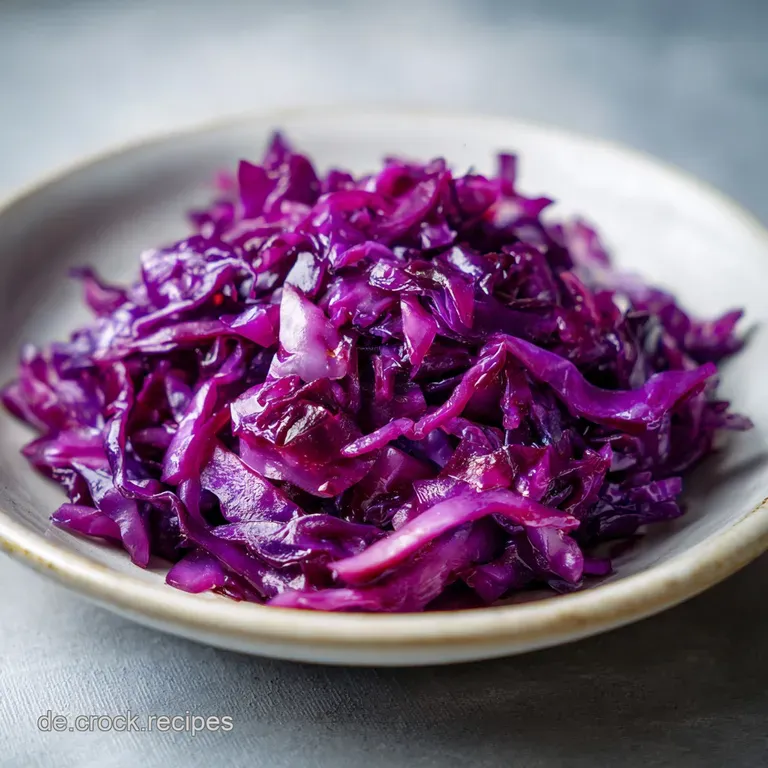 A vibrant mound of tender red cabbage glistens beside roasted meat, offering a glimpse of its wine-infused, slightly sweet...