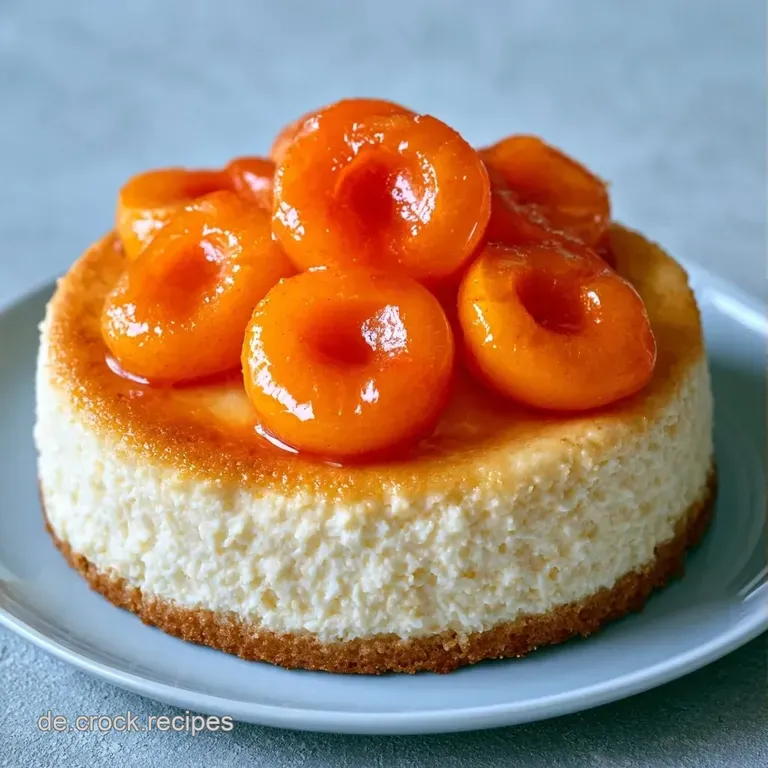 Ein St&uuml;ck cremiger Aprikosenkuchen auf einem wei&szlig;en Porzellanteller, garniert mit einem frischen Minzblatt.