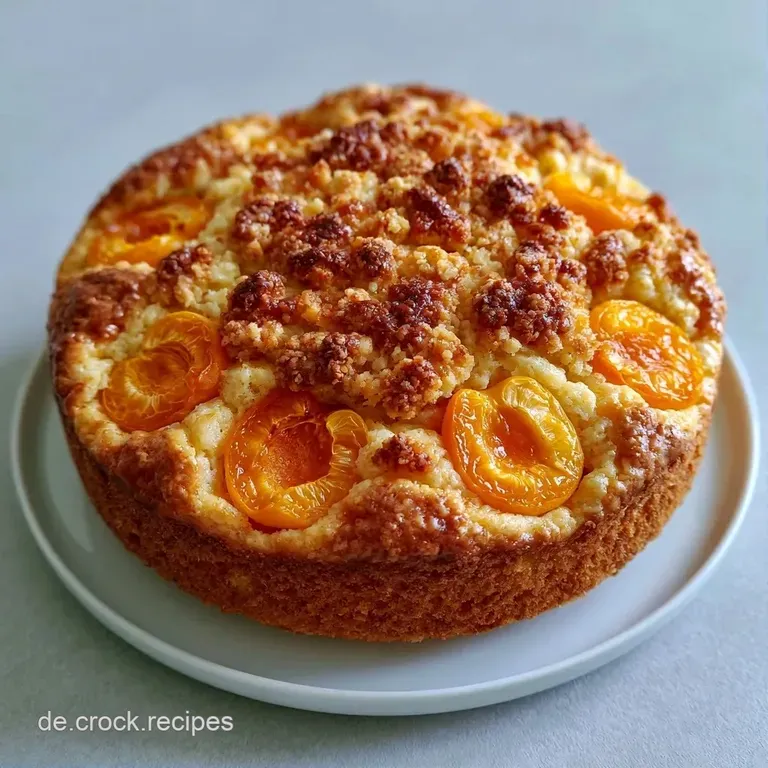 Ein saftiges Kuchenst&uuml;ck auf wei&szlig;em Porzellan mit gl&auml;nzenden Aprikosenst&uuml;cken und einer hauchd&uuml;nnen Puderzuckerschicht.