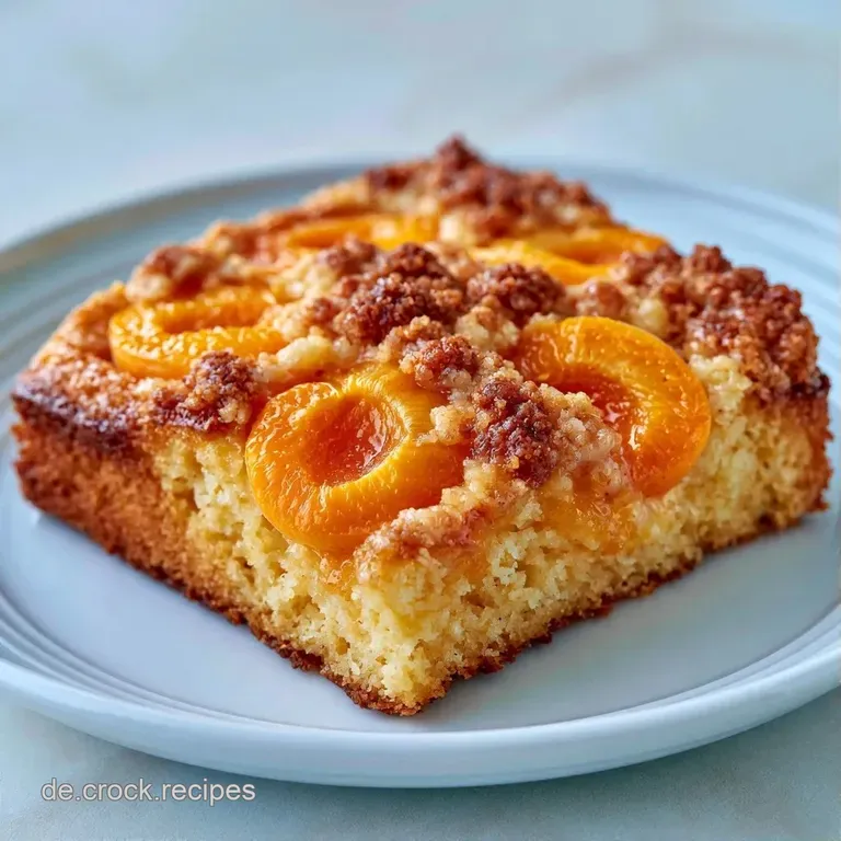 Ein saftiges Kuchenst&uuml;ck auf hellem Porzellan mit goldgelben Kr&uuml;meln, orange Fruchtst&uuml;cken und zartwei&szlig;er Quarkf&uuml;llung.