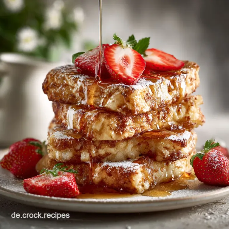 Stack of glistening French toast wedges, drizzled with syrup and topped with ripe, red strawberries and mint sprigs on a w...