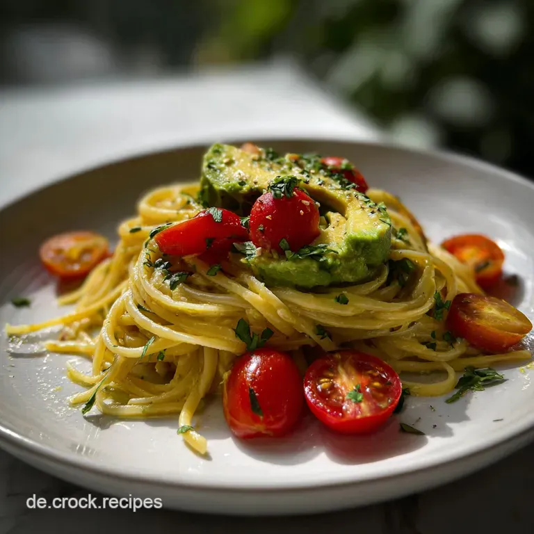Elegant pasta nest with creamy avocado sauce, garnished with fresh herbs and a sprinkle of chili flakes. Silky, appetizing.