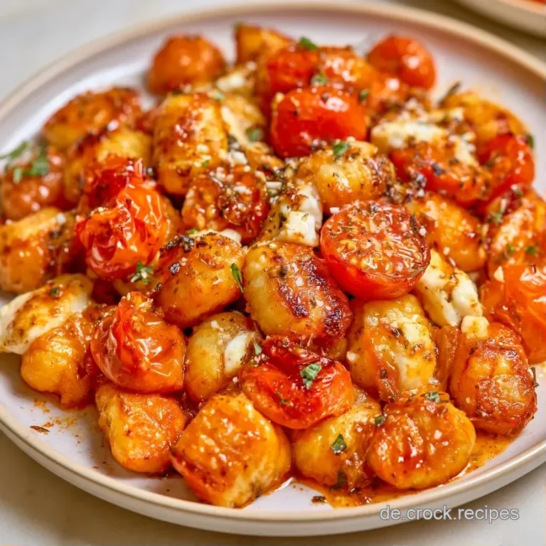 Cremiger, geschmolzener Feta mit leuchtend roten Tomaten und frischem Basilikum in einer schlichten wei&szlig;en Keramikschale.