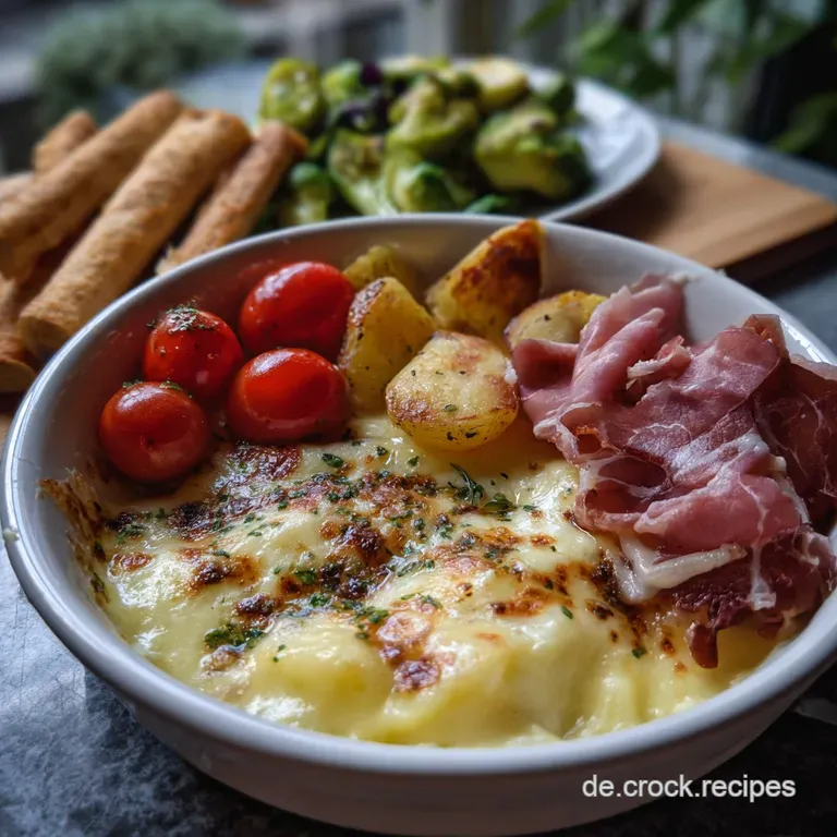 Elegant arrangement of raclette components: creamy melted cheese draped over perfectly grilled vegetables and artfully arr...