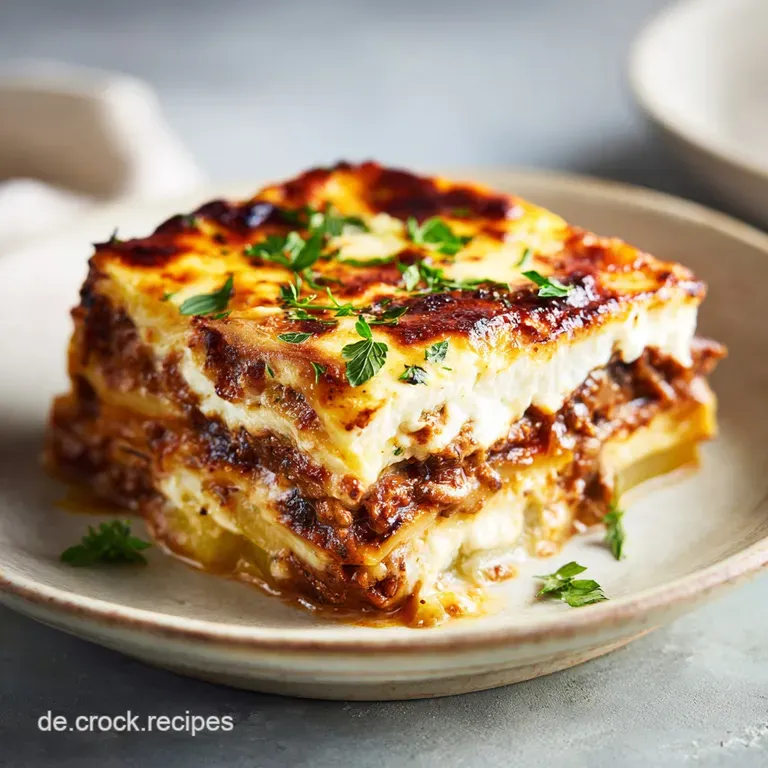 Slice of moussaka on a plate, browned edges contrasting with the creamy bechamel. Garnished with fresh parsley & a drizzle...