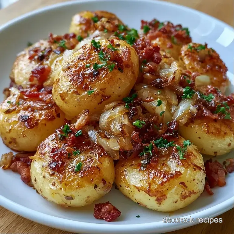 Dampfende, goldgelbe Kartoffelscheiben auf einem wei&szlig;en Porzellanteller, garniert mit r&ouml;stbraunem Speck und Kr&auml;utern.