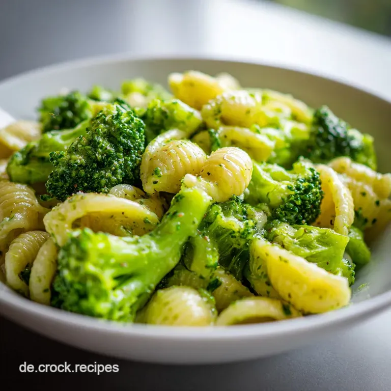 Creamy broccoli pasta elegantly swirled on a plate, speckled with herbs, hinting at a flavorful and comforting dining expe...