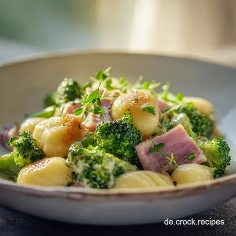 A single serving of gnocchi, plated with artful placement of broccoli florets and ham, dusted with fresh parsley, and a dr...