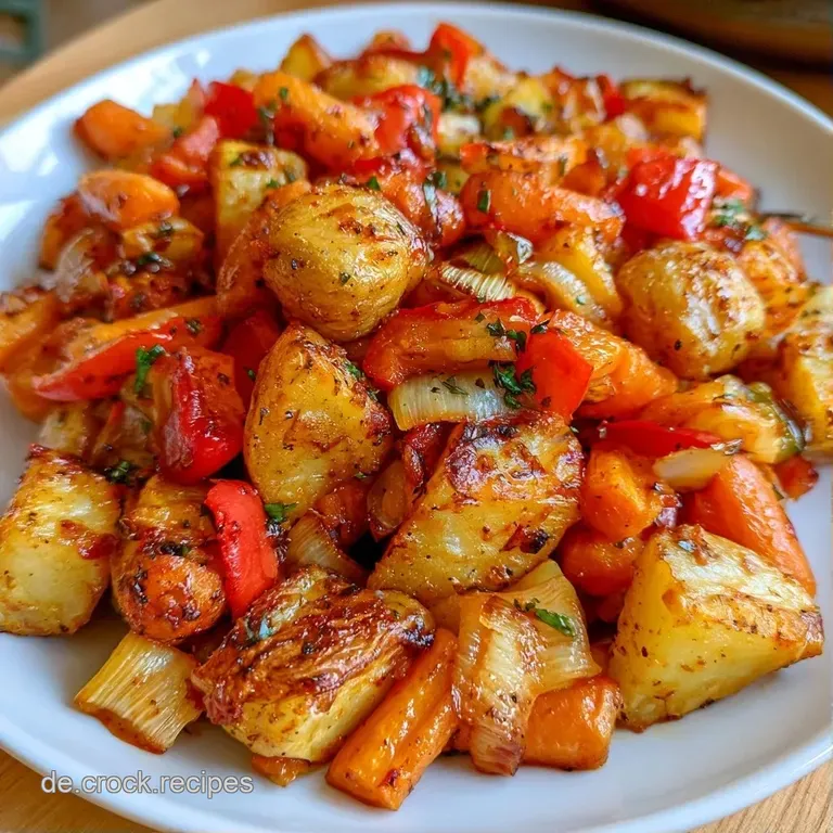 Dampfendes, buntes Pfannengem&uuml;se mit knusprigen Kartoffeln, elegant auf einer wei&szlig;en Porzellanplatte angerichtet.