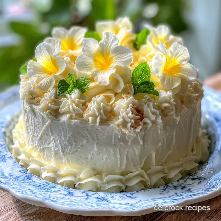 Slice of buttercream torte on a plate. Golden cake, rich cream layers, and a delicate dusting of powdered sugar.