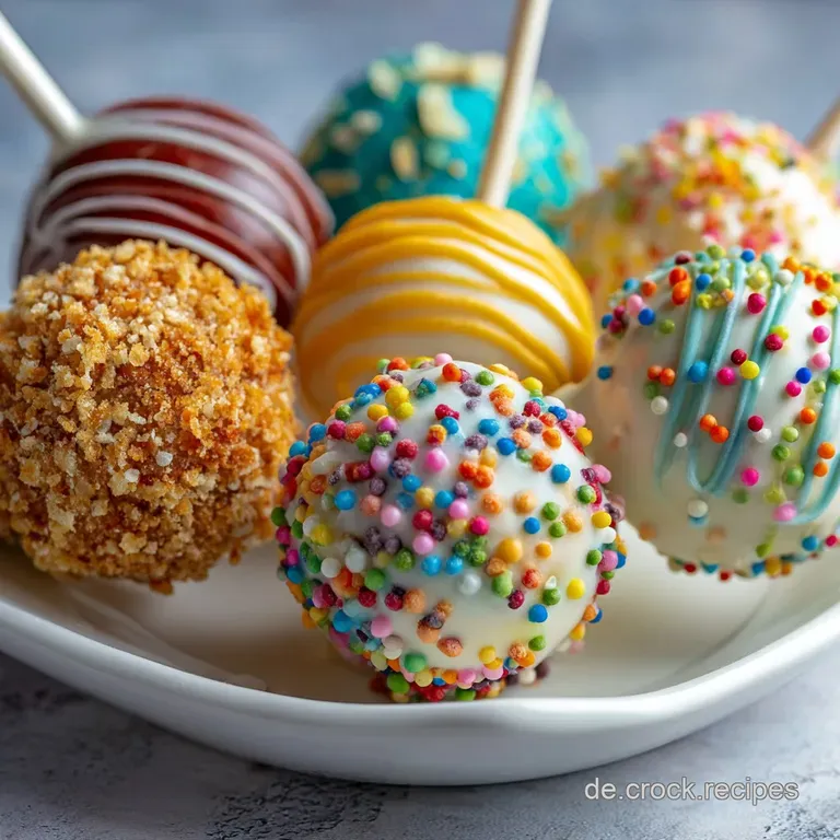 A single chocolate cake pop with a smooth chocolate shell and bright sprinkles, presented on a white plate, radiating simp...