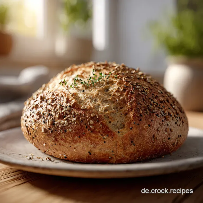 Thick slice of wholesome bread topped with fresh quark, glistening berries, and a sprig of mint. Light dusting of flour.