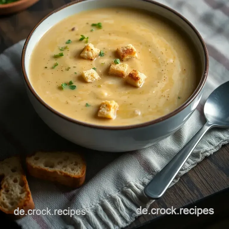 Cremige Blumenkohlsuppe mit Muskatnuss und Croutons presentation