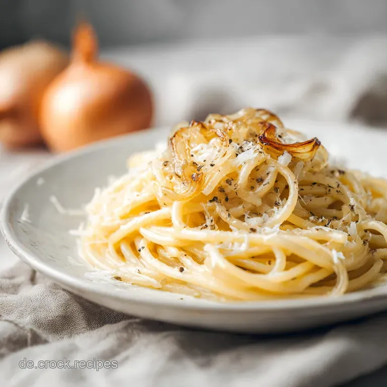 Swirls of luscious, creamy onion pasta elegantly plated, garnished with fresh herbs and a sprinkle of parmesan cheese.
