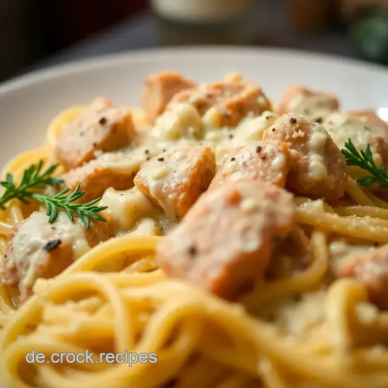 Cremiges Hähnchen Alfredo über Pasta presentation