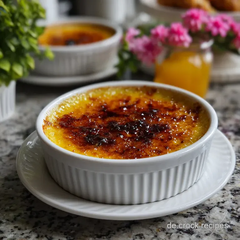 Elegant single-serving cr&egrave;me br&ucirc;l&eacute;e, the perfect contrast of a crisp, caramelized sugar crust against a smooth, yellow cus...