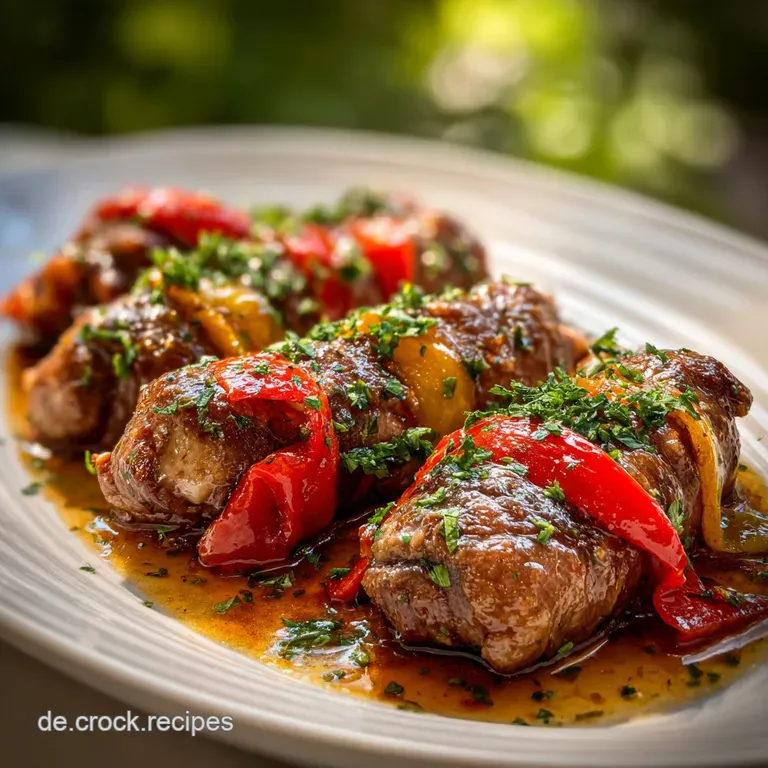 Elegant plate with tender beef rolls, rich brown gravy, and a medley of colorful roasted root vegetables.