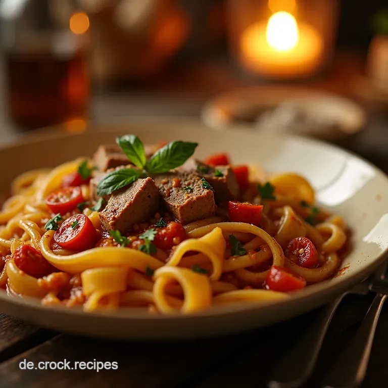 Der Feierabendretter Herzhafte Onepothackfleischpasta Gulaschart presentation