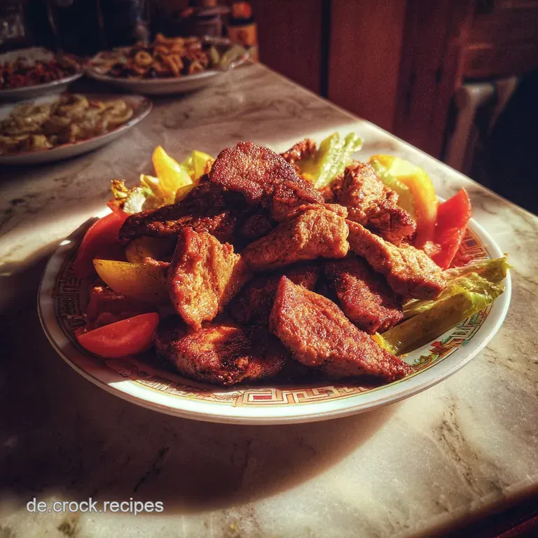 A beautifully plated D&ouml;ner Teller with neatly arranged meat, crisp fries, fresh salad, and drizzled sauces, showcasing cul...