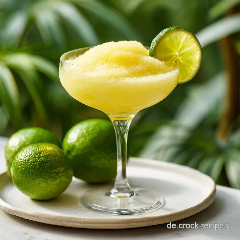 A classic daiquiri in a stemmed glass, translucent and icy-looking. A lime wheel adds a vibrant pop of citrus green to the...