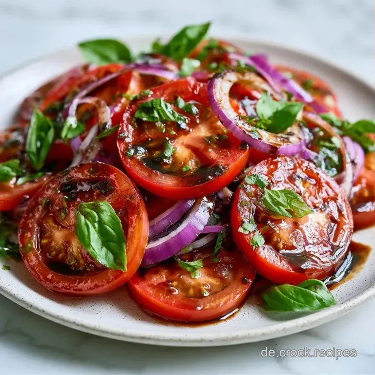 Farbenfrohe Tomatenviertel auf einer flachen Platte, verziert mit frischen Kr&auml;utern und gl&auml;nzenden Balsamico-Tropfen.