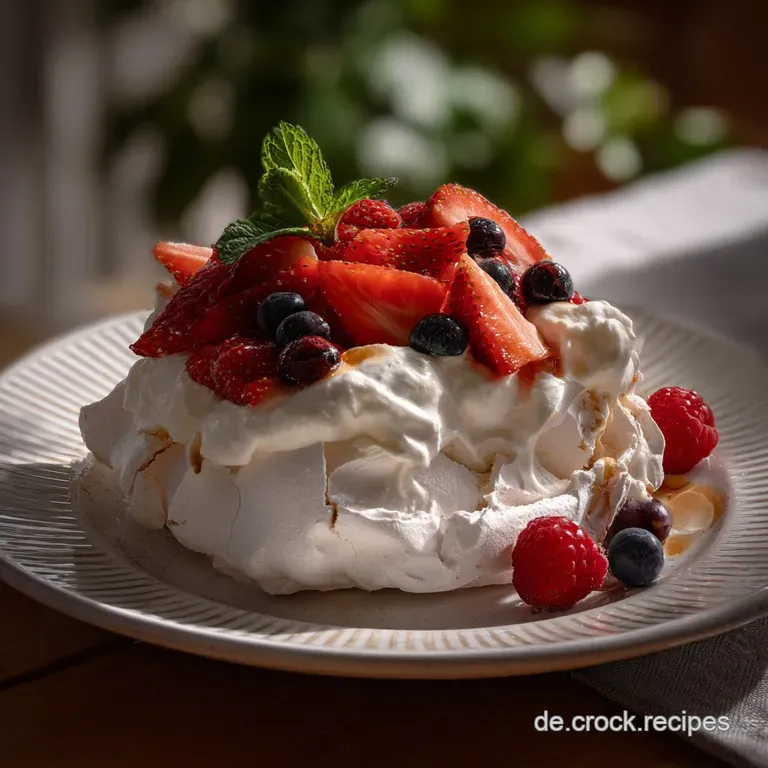 Elegant serving of pavlova, showcasing a delicate meringue shell, fluffy cream, and jewel-toned raspberries, artfully arra...