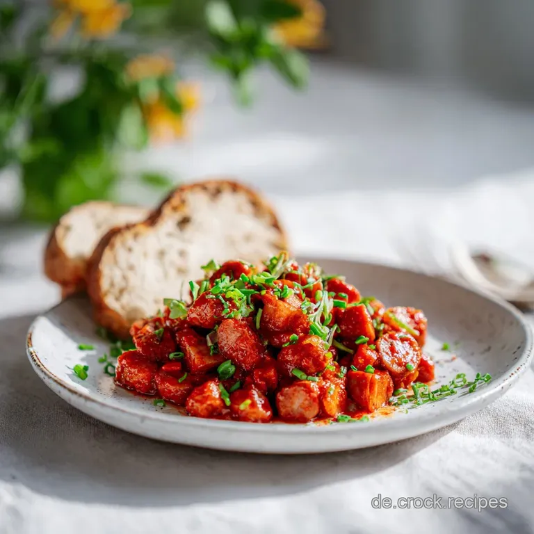 Plated wurstgulasch featuring glistening sausage, rich sauce, garnished with fresh parsley, next to crusty bread.