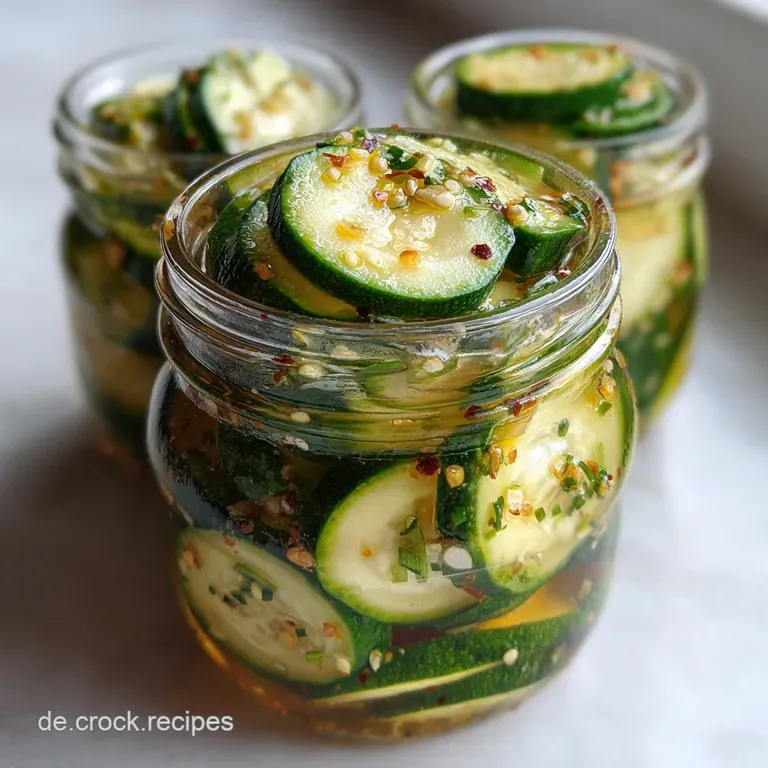 Plated pickled zucchini glistening with spices, alongside fresh dill sprigs, invitingly arranged on a white ceramic plate.