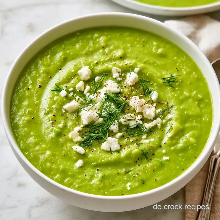 Leuchtend gr&uuml;ne Cremesuppe in einer wei&szlig;en Schale, garniert mit Feta und Oliven&ouml;l auf einem hellen Leinentuch.