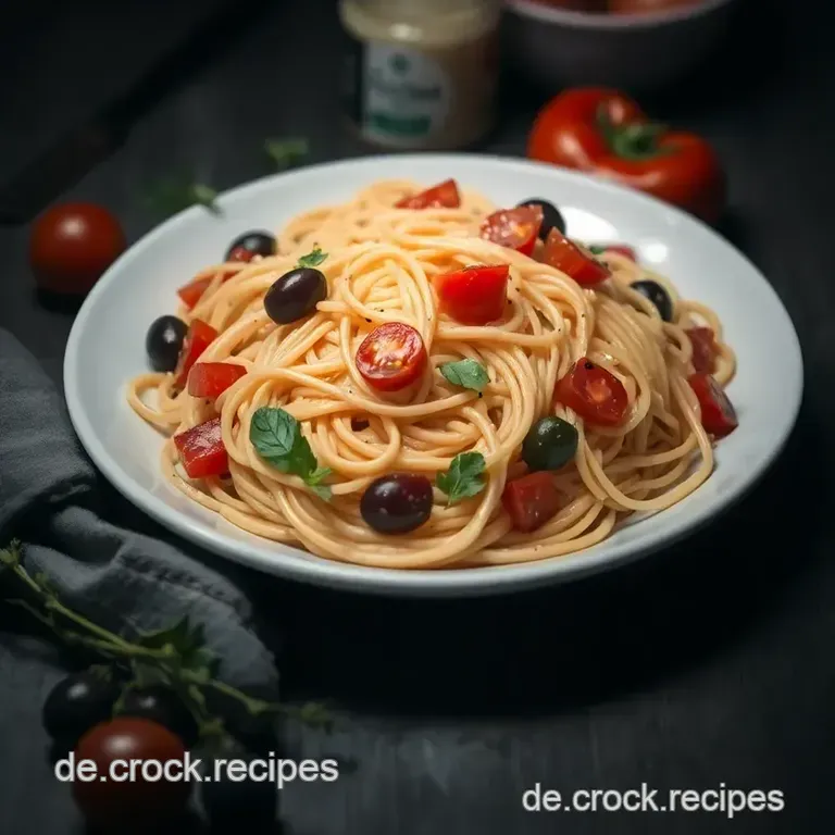 Erfrischender Spaghettisalat mit buntem Gemüse und würzigen Kräutern presentation